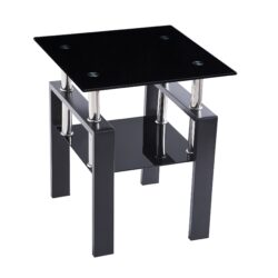 Modern Tempered Glass Sofa Table With Storage, 2 Layers Living Room Side Table - Black