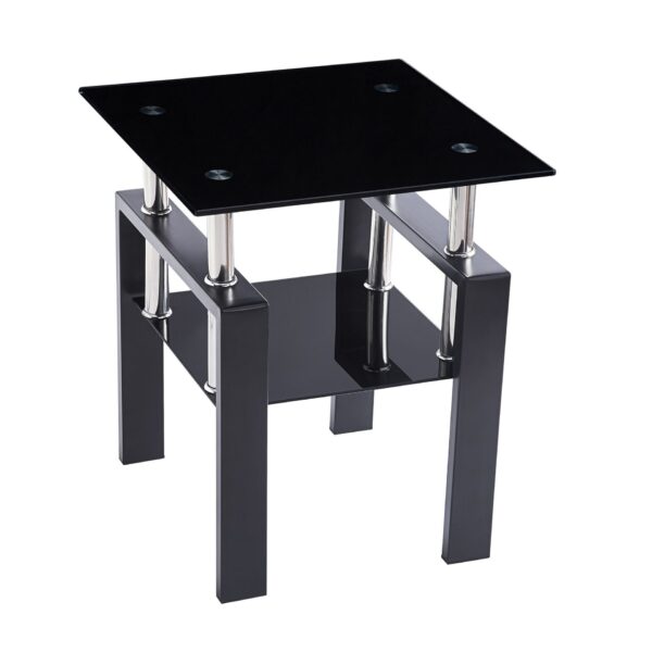 Modern Tempered Glass Sofa Table With Storage, 2 Layers Living Room Side Table - Black