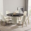 Modern Artificial Stone Round Plywood Base Dining Table, Can Accommodate 8 People Artificial Stone Turntable (Not Including Chairs) - Black / Beige - Image 8