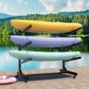 Freestanding Kayak Storage Rack, Holds 3 Kayaks With Adjustable Stand And Lockable Wheels, Metal - Brushed Nickel - Image 2