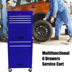 6 Drawer Lockable Tool Cabinet On Wheelsб Steel Rolling Tool Chest With Detachable Toolbox, 2 In 1 Garage Workshop Storage Organizer With 4 Universal Casters - Blue