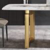 63" Artificial Stone Pandora White Curved Golden Metal Leg Dining Table, 6 People - Antique White / Gold - Image 8