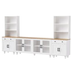 Farmhouse TV Stand With Solid Wood Gourd Shaped Legs For TVs Up To 70", Entertainment Center With Bookshelves & Tempered Glass Doors, Media Console With Adjustable Shelves, Living Room - White / Natural