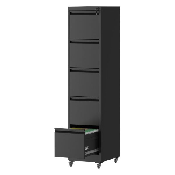 Heavy Duty Metal 5 Drawer Vertical File Cabinet With Lock And Wheels For Home Office - Brushed Nickel