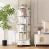 5 Tier Rotating Bookshelf With Wheels And Drawer, 360° Spinning Design, Space Saving Storage, For Home And Office - White - Image 4