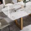 63" Artificial Stone Pandora White Curved Golden Metal Leg Dining Table, 6 People - Antique White / Gold - Image 6