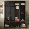 Farmhouse Hall Tree With 4 Hidden Hanging Hooks, Versatile Seating Bench With 8 Doors, Entryway Shoe Cabinet With Open Compartments For Living Room - Black - Image 4