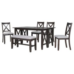 6 Piece Family Dining Room Set With Solid Wood Space Saving Foldable Table And 4 Chairs With Bench - Espresso