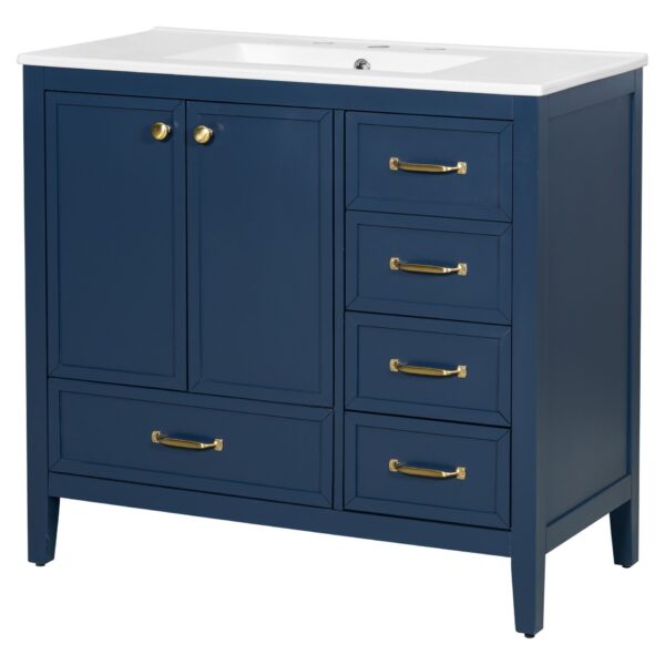 Elegant Vintage 36" Bathroom Vanity With Sink, Soft Closing Door, 4 Drawers Of Different Sizes Frame And Leg - Blue
