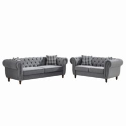 Chesterfield Velvet Upholstery Fabric Sofa With Roll Armrest & Nailhead, 3 And 2 Seater - Gray