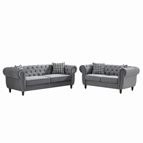 Chesterfield Velvet Upholstery Fabric Sofa With Roll Armrest & Nailhead, 3 And 2 Seater - Gray