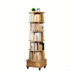 6 Tier Rotating Bookshelf With Wheels And Drawer, 360° Spinning Design, Space Saving Storage, For Home And Office - Wood