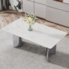 Modern Minimalist Dining Table With Imitation Marble Glass Desktop And Metal Legs - Silver / White - Image 4