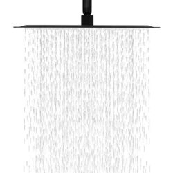 12" Square Rainfall Shower Head With Wall / Ceiling Mount, 304 Stainless Steel - Matte Black