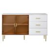Modern Sideboard Buffet Cabinet Marble Sticker Tabletop And Amber-Yellow Tempered Glass Doors With Gold Metal Legs & Handles - White - Image 9