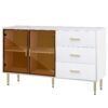 Modern Sideboard Buffet Cabinet Marble Sticker Tabletop And Amber-Yellow Tempered Glass Doors With Gold Metal Legs & Handles - White - Image 12