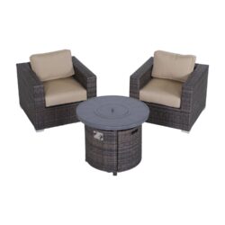 3 Piece All Weather Seating Group With Premium Cushions, Fire Pit Included - Beige / Brown Mix
