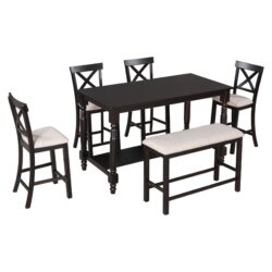 6 Piece Counter Height Dining Table Set With Shelf, 4 Chairs And Bench - Espresso
