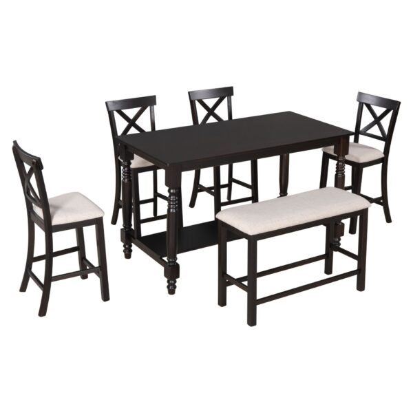 6 Piece Counter Height Dining Table Set With Shelf, 4 Chairs And Bench - Espresso