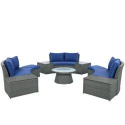 10 Piece Outdoor Sectional Half Round Patio Rattan Sofa Set, Wicker Conversation Furniture Set For Free Combination - Blue