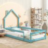 Twin Size Wood Bed With House-Shaped Headboard Floor Bed With Fences - Light Blue - Image 10