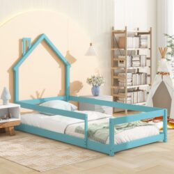 Twin Size Wood Bed With House-Shaped Headboard Floor Bed With Fences - Light Blue