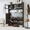 Multifunctional Tipping Bucket Shoe Cabinet With Storage Shelf & 6 Flip Drawers, Large Hall Tree With Tempered Glass Doors, Foyer Cabinet With 4 Hooks For Hallway - Black - Image 2