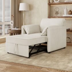 Convertible Pull Out Sofa Bed, 3 In 1 Convertible Sleeper Chair Adjustable Backrest With Thicked Cushions, Multi Functional Linen Armchair For Living Room, Bedroom, Apartment, Office - White