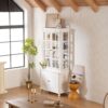 Vintage Display Cabinet With Double Glass Doors, Traditional Style Hutch For Home Or Workspace Washed - White Washed - Image 10