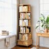 6 Tier Rotating Bookshelf With Wheels And Drawer, 360° Spinning Design, Space Saving Storage, For Home - Wood - Image 2