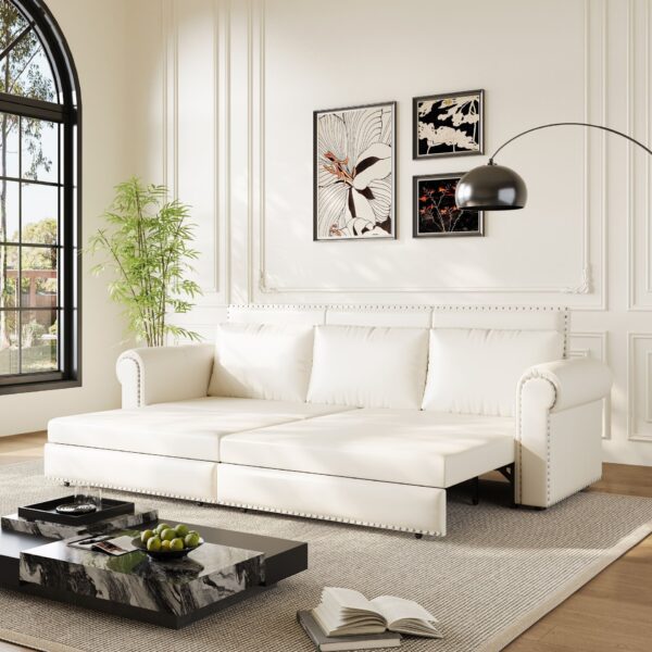 Pull Out Sofa Bed, 3 In 1 Convertible Sleeper Sofa With Nailhead Trim & Rolled Arm, Multi Functional Sofa Bed For Living Room, Bedroom, Apartment, Office - Cream White