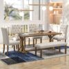 Farmhouse Dining Table Set 6 Piece Wood Rectangular Table With Upholstered Chairs And Bench - Walnut - Image 2