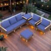 7 Pieces Patio, Wicker Dining Set With Removable Cushions Cotton And Rattan - Blue - Image 4