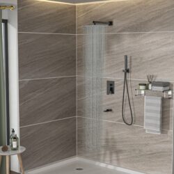 12" Ceiling Mount Square Shower System With Waterfall Tub Spout And Rough In Valve - Matte Black