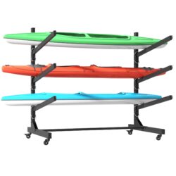 Freestanding Kayak Storage Rack, Holds 3 Kayaks With Adjustable Stand And Lockable Wheels, Metal - Brushed Nickel