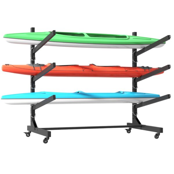 Freestanding Kayak Storage Rack, Holds 3 Kayaks With Adjustable Stand And Lockable Wheels, Metal - Brushed Nickel