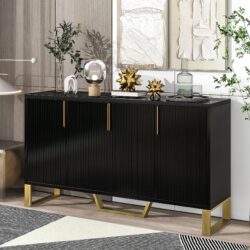 Modern Sideboard With Four Doors, Metal Handles & Legs And Adjustable Shelves Kitchen Cabinet - Black