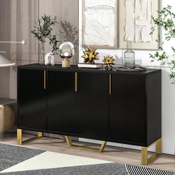 Modern Sideboard With Four Doors, Metal Handles & Legs And Adjustable Shelves Kitchen Cabinet - Black