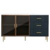 Modern Sideboard Buffet Cabinet Marble Sticker Tabletop And Amber-Yellow Tempered Glass Doors With Gold Metal Legs & Handles - Navy Blue - Image 13