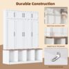 Farmhouse Hall Tree With 4 Hidden Hanging Hooks, Versatile Seating Bench With 8 Doors, Entryway Shoe Cabinet With Open Compartments For Living Room - White - Image 6