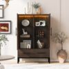 Modern Style Tall Display Cabinet With LED Lighting, Tempered Glass Door, 2 Drawers - Black / Dark Walnut - Image 6