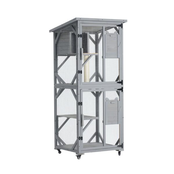 Large Cat House Outdoor Catio Cat Enclosures On Wheels, Kitty House With Upgraded Resting Box Waterproof Roof - Gray