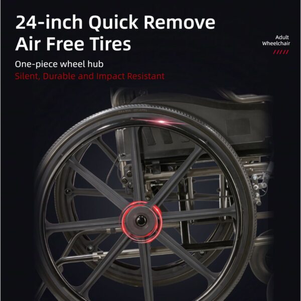 Heavy Duty Manual Wheelchair With Double X Force Support 24" Non Inflatable Tires Foldable Transport Wheelchair With Quick Release Wheels 350Lbs Capacity - Black / Silver