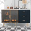Modern Sideboard Buffet Cabinet Marble Sticker Tabletop And Amber-Yellow Tempered Glass Doors With Gold Metal Legs & Handles - Navy Blue - Image 3