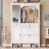 Hall Tree With Integrated Shoe Cabinet And Mirrored Cabinet Door, Coat Hanger, Entryway Bench, 4 In 1 Design, 2 Flip Drawers, 4 Hooks And 2 Cabinets For Entrance, Living Room - White - Image 4