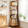 6 Tier Rotating Bookshelf With Wheels And Drawer, 360° Spinning Design, Space Saving Storage, For Home And Office - Wood - Image 3