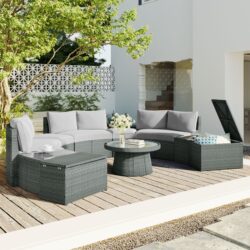 10 Piece Outdoor Sectional Half Round Patio Rattan Sofa Set, Wicker Conversation Furniture Set For Free Combination - Light Gray