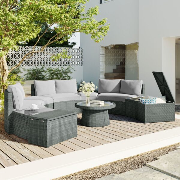 10 Piece Outdoor Sectional Half Round Patio Rattan Sofa Set, Wicker Conversation Furniture Set For Free Combination - Light Gray