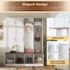 Farmhouse Hall Tree With 4 Hidden Hanging Hooks, Versatile Seating Bench With 8 Doors, Entryway Shoe Cabinet With Open Compartments For Living Room - White - Image 5