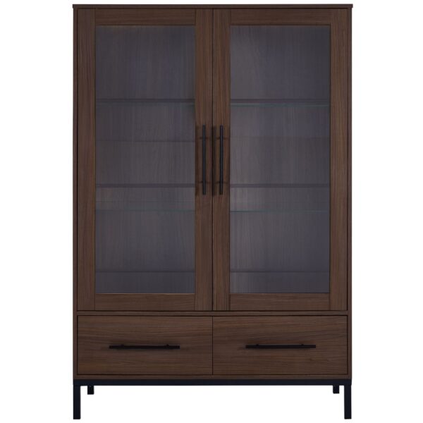 Modern Style Tall Display Cabinet With LED Lighting, Tempered Glass Door, 2 Drawers - Black / Dark Walnut